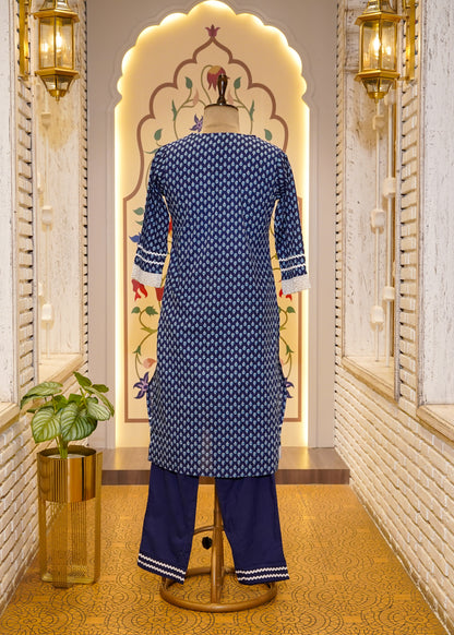 Blue Cotton Printed 3 pc Kurti Set with Lace Work