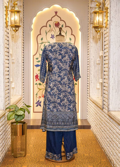 Blue Muslin Printed 3 pc Kurti set