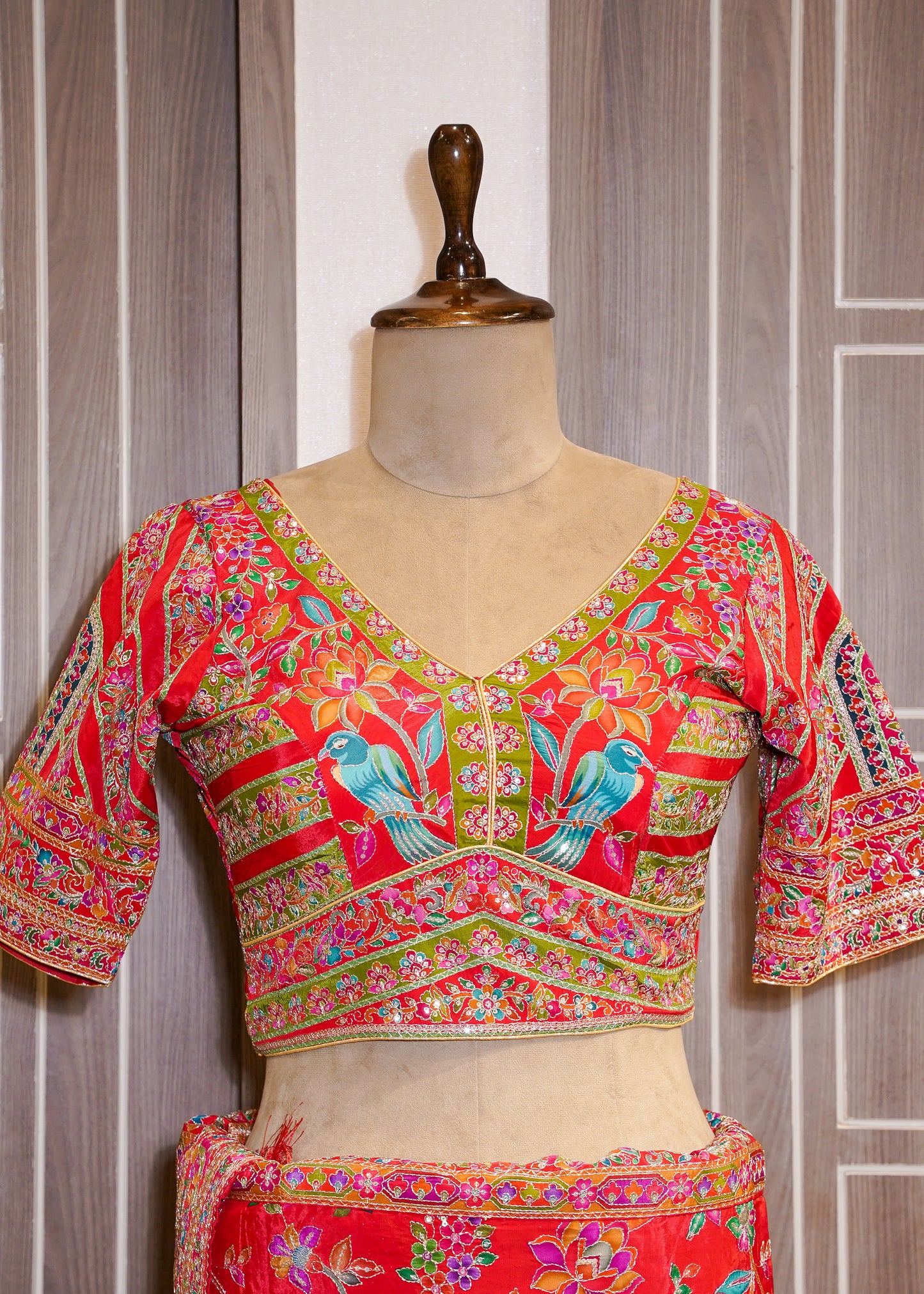 Red Printed Zari Embroidered Designer Saree with Stitched Blouse