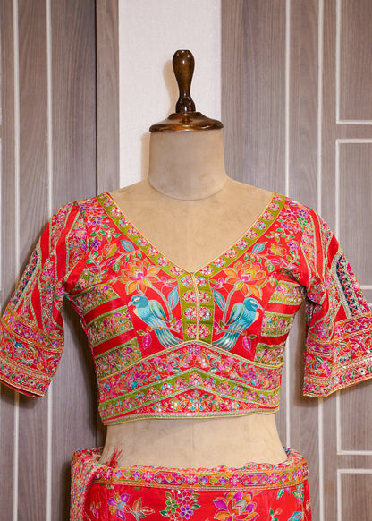 Red Printed Zari Embroidered Designer Saree with Stitched Blouse