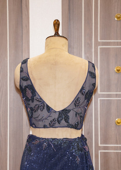 Midnight Blue Hand Embroidered Sequence Saree with Stitched Hand Embroidered Blouse