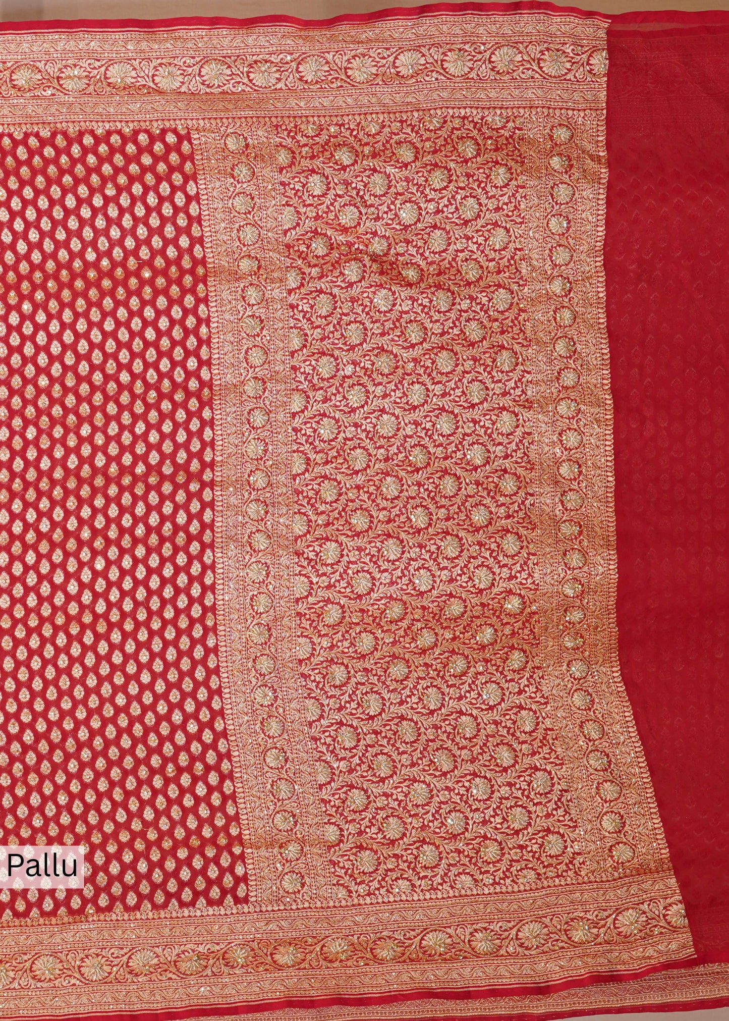 Red Khadi Georgette Saree with Zardozi Embroidery