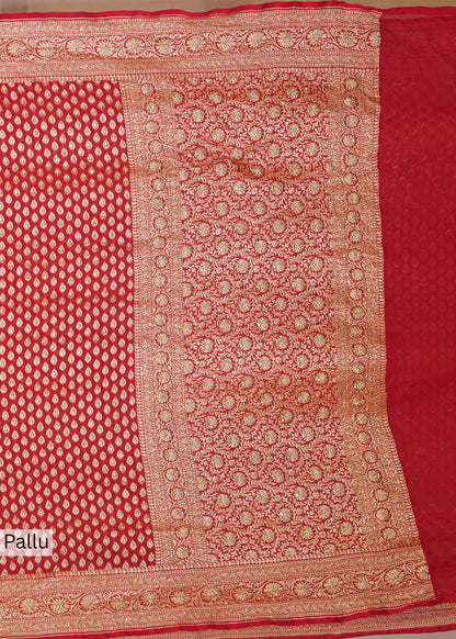 Red Khadi Georgette Saree with Zardozi Embroidery