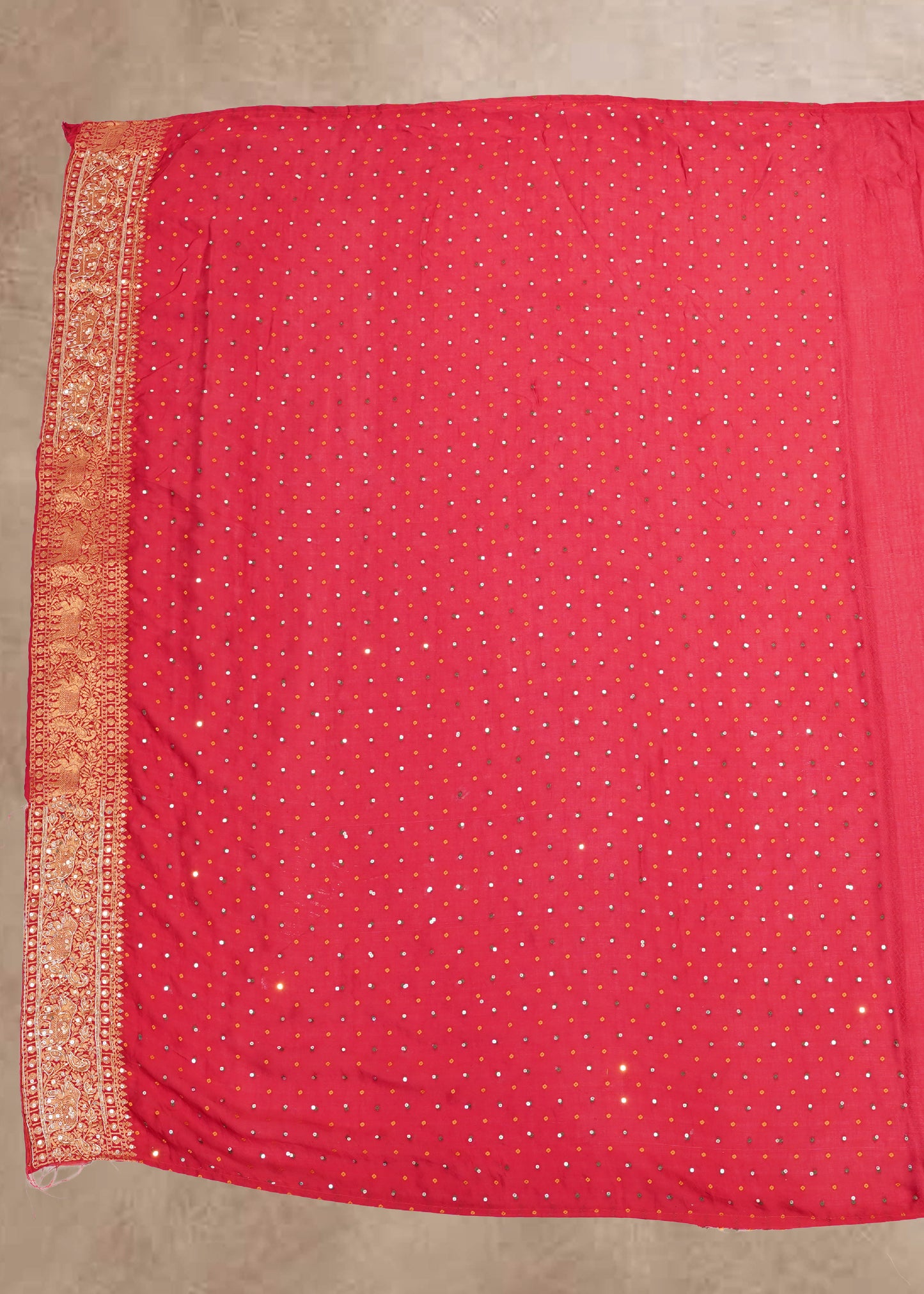 Red Hand Embroidered Dola Silk Saree with Elephant Motifs and Unstitched Blouse