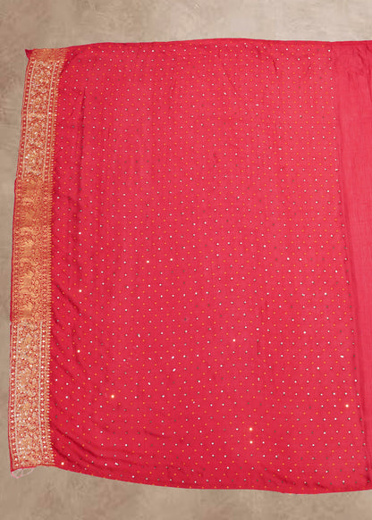 Red Hand Embroidered Dola Silk Saree with Elephant Motifs and Unstitched Blouse