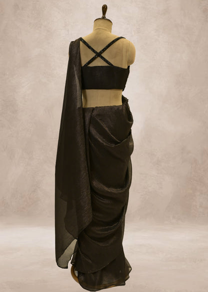 Charcoal Grey Crush Tissue Drape Saree With Hand Embroidered Black Crop Top
