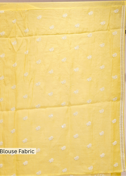 Yellow Mul Cotton Thread Embroidered Saree with Unstitched Blouse