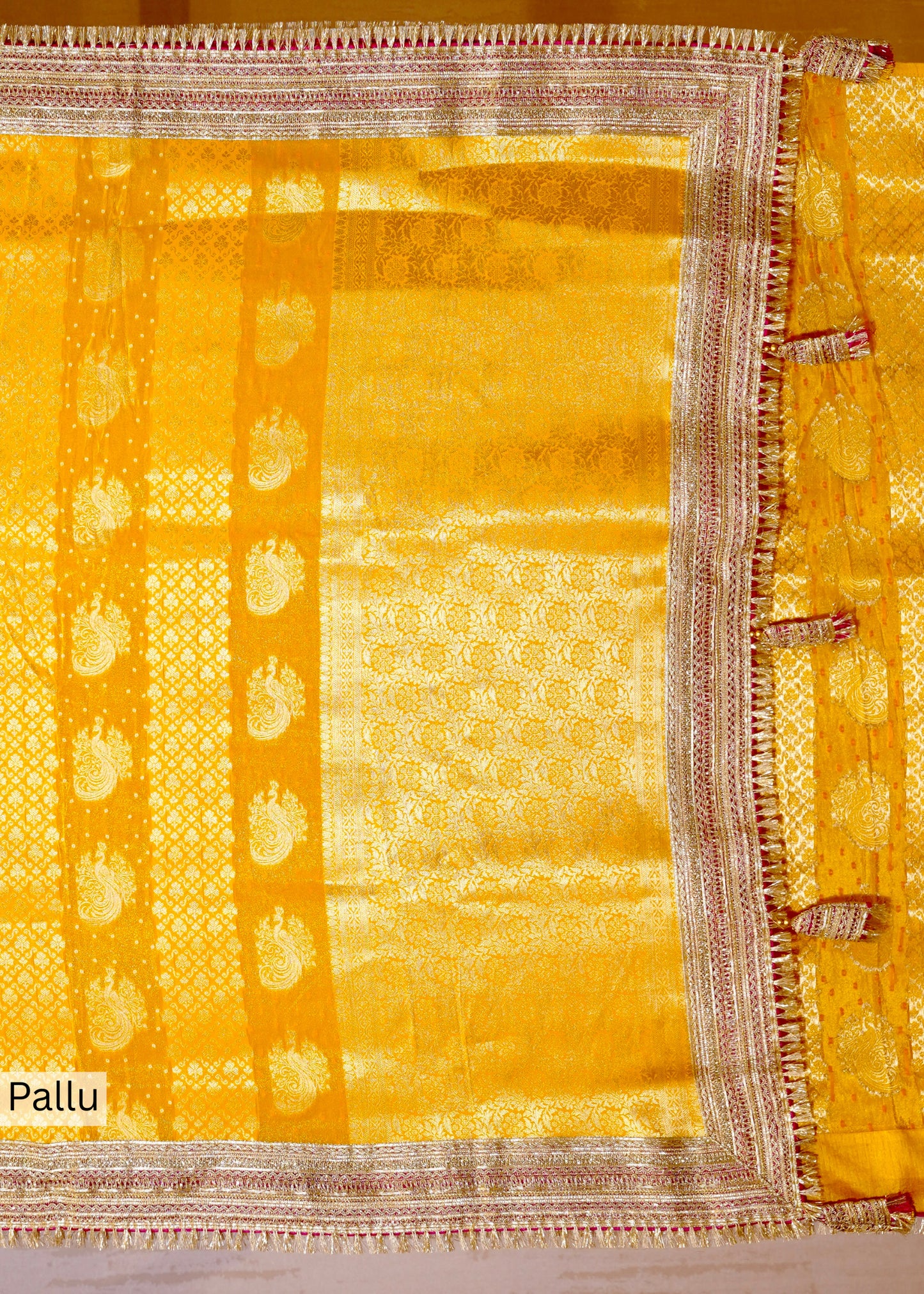 Yellow Tissue Weaving Saree with Gota Lace and Unstitched Blouse