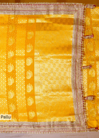 Yellow Tissue Weaving Saree with Gota Lace and Unstitched Blouse