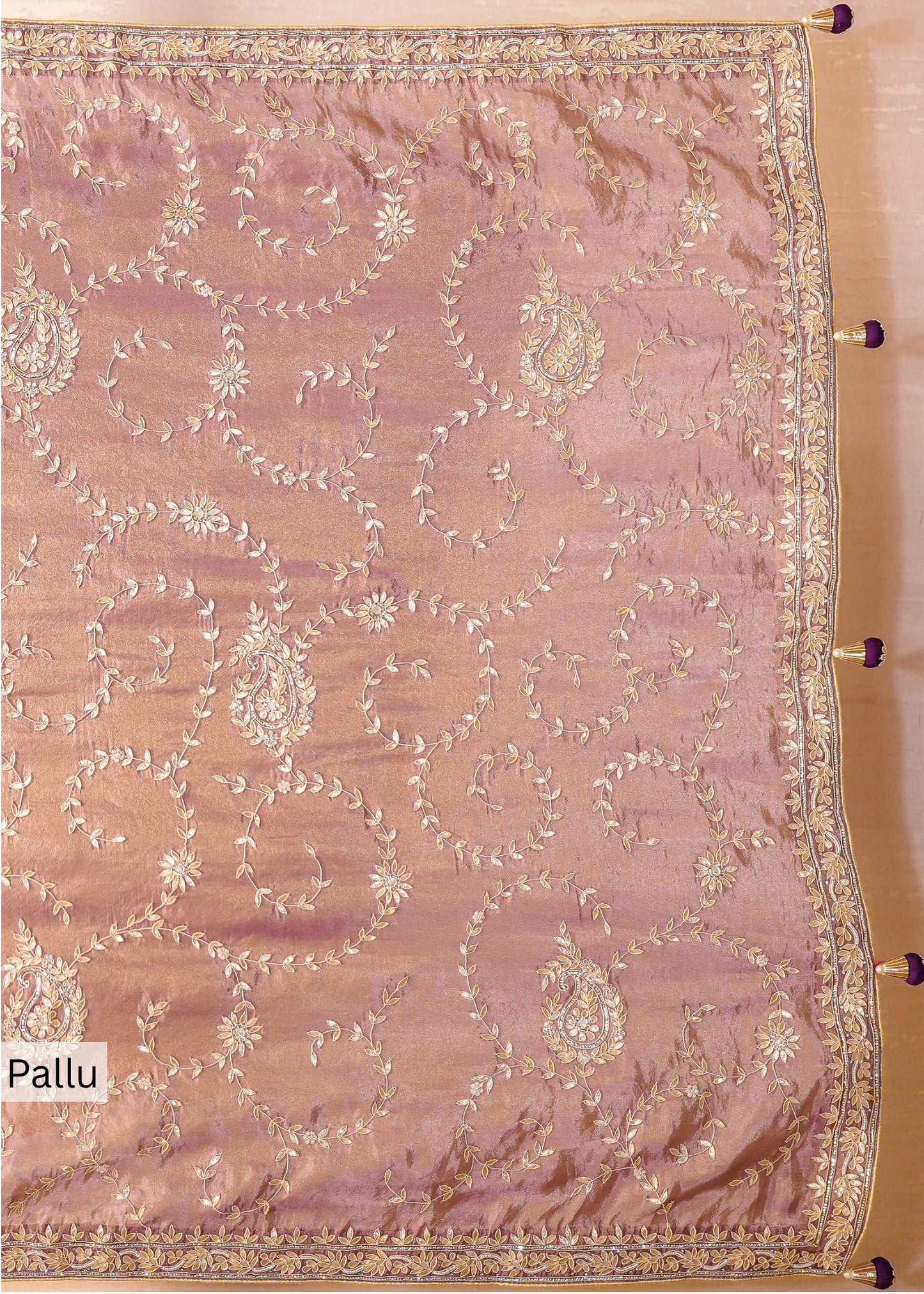 Lavender Hand Embroidered Gota Pati Saree with Unstitched Wine Blouse