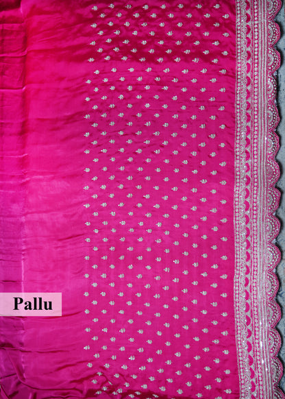 Gulzaar Pink Zari & Mooti Heavy Scallop Border Saree with Unstitched Blouse