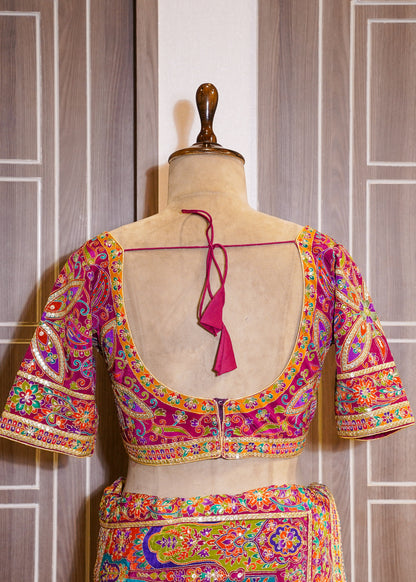 Multi Coloured Printed Zari Embroidered Designer Saree with Stitched Blouse