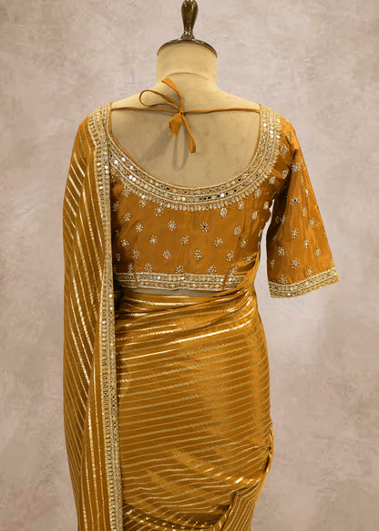 Mehendi Green Striped Zari Organza Sarees with Stitched Blouse