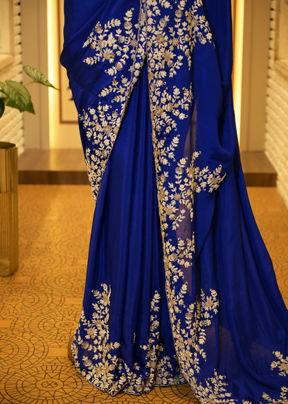 Electric Blue Chinon Thread Embroidered Saree with Stitched Blouse