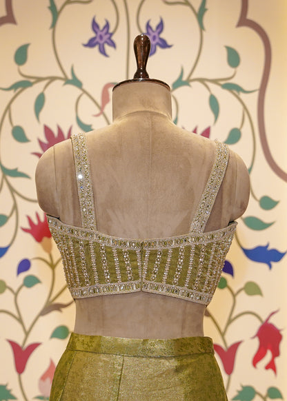 Pista Green Crush Tissue Drape Saree with Corset Embroidered Blouse