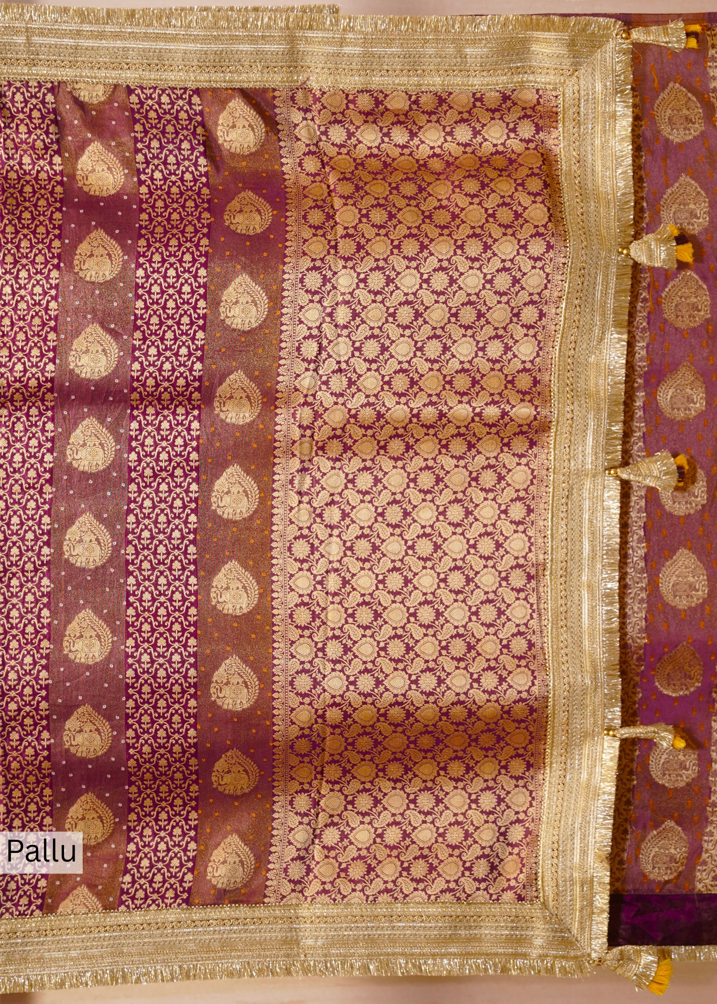 Wine Tissue Weaving Saree with Gota Lace and Unstitched Blouse
