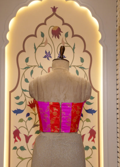 Beige Drape Saree with Rani Brocade Silk Corset Top