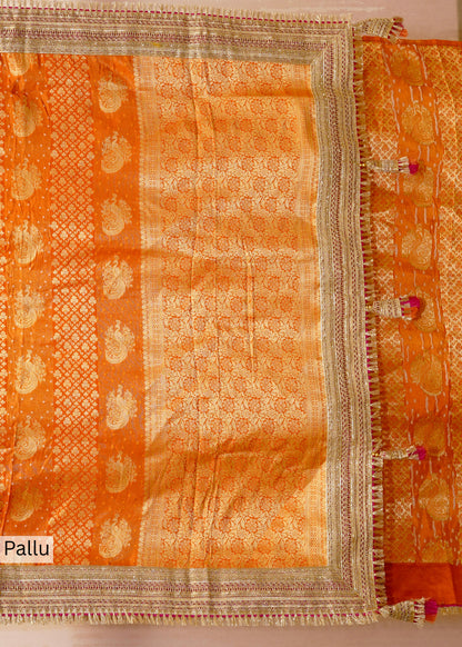 Rust Tissue Weaving Saree with Gota Lace and Unstitched Blouse