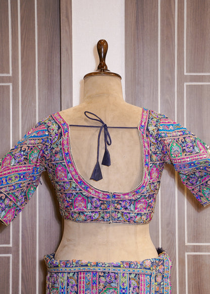 Blue Printed Zari Embroidered Designer Saree with Stitched Blouse