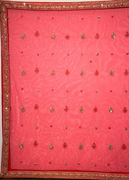 Red Bead Embroidered Kali Style Bridal Lehenga with Stitched Blouse & 2 Dupattas