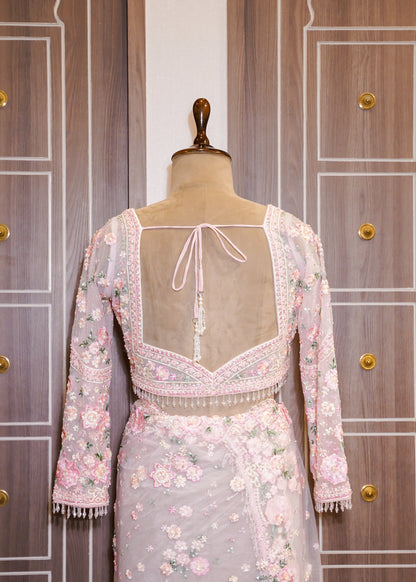 Pink Floral Embroidered Net Saree with Stitched Blouse
