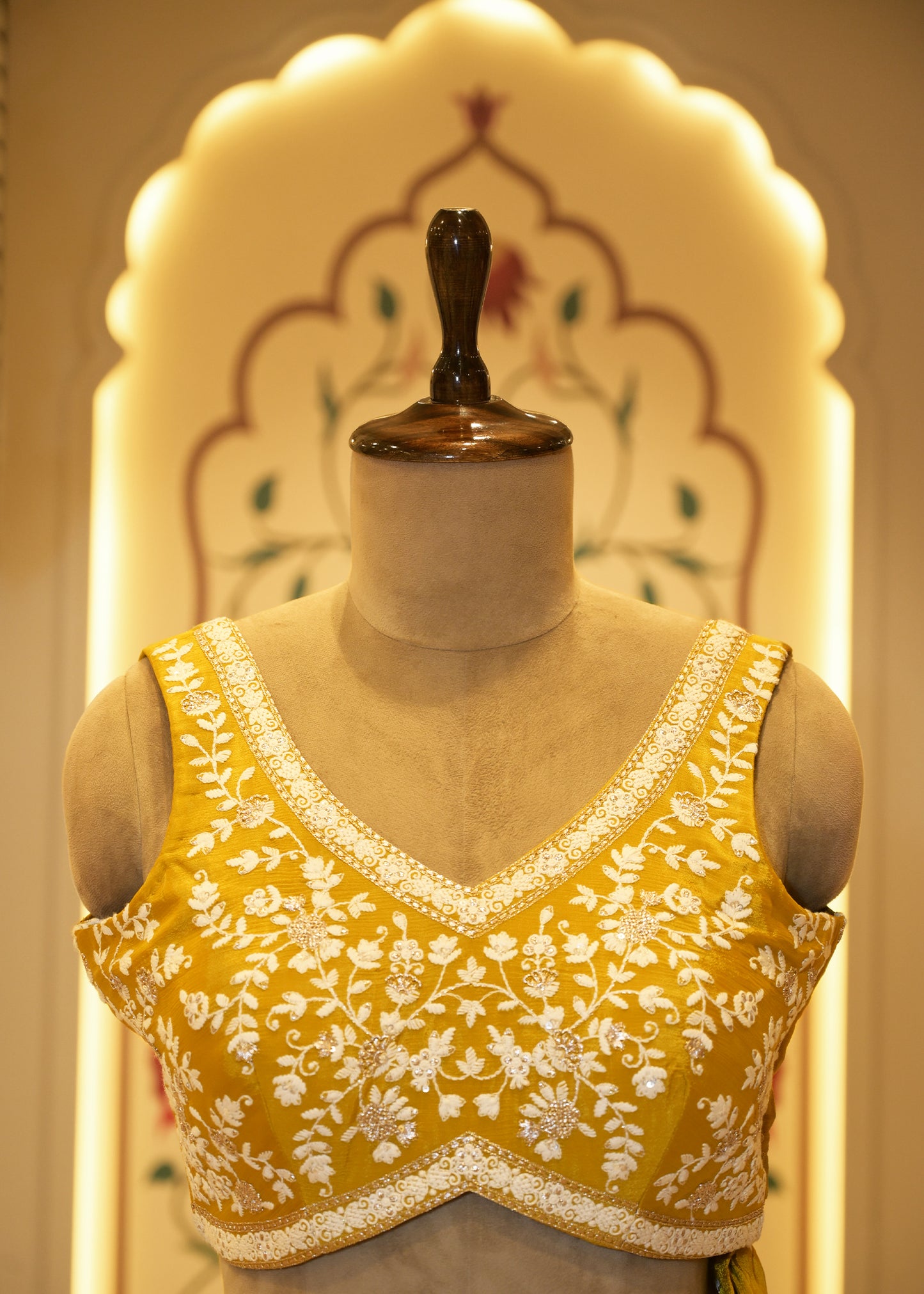 Mustard Chinon Thread Embroidered Saree with Stitched Blouse