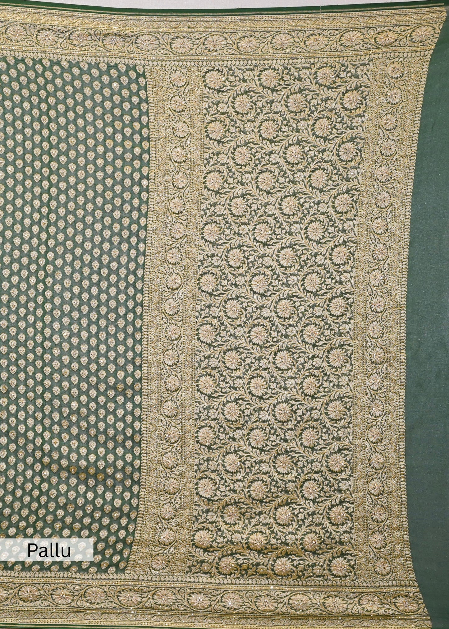 Bottle Green khadi Georgette Booti Saree with Zardozi Embroidery