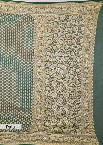 Bottle Green khadi Georgette Booti Saree with Zardozi Embroidery