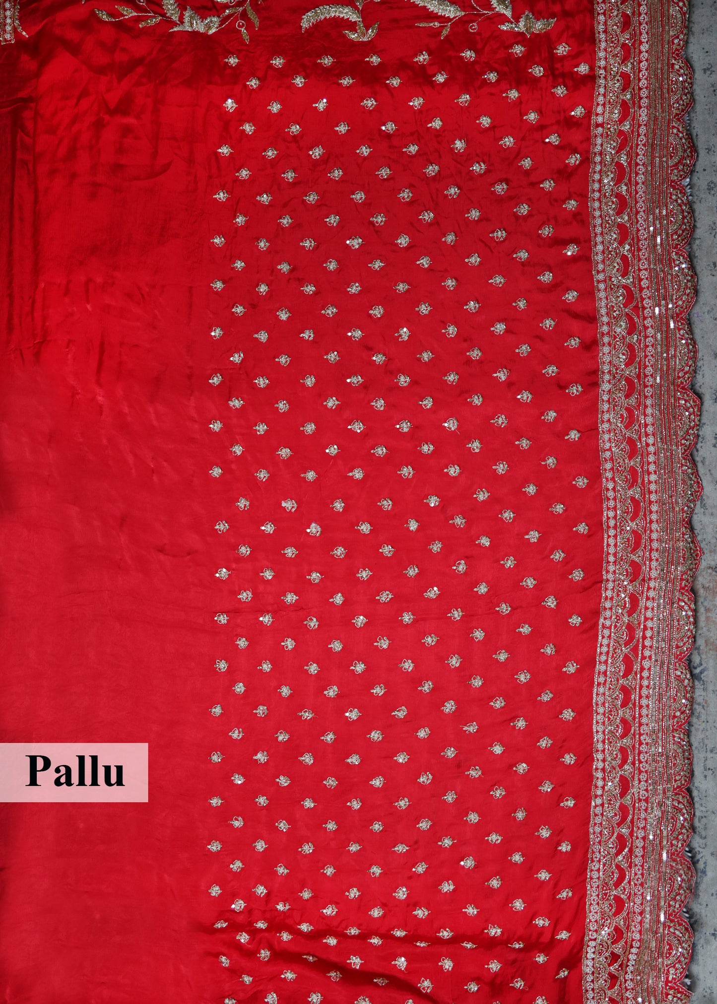 Gulzaar Red Zari & Mooti Heavy Scallop Border Saree with Unstitched Blouse