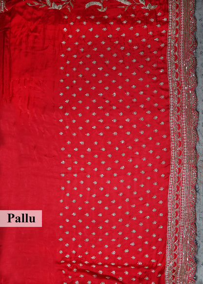 Gulzaar Red Zari & Mooti Heavy Scallop Border Saree with Unstitched Blouse