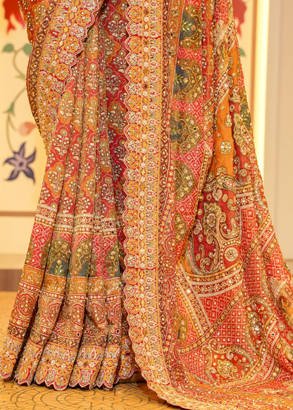 Rust Orange Patola Georgette Saree with Zardozi Embroidery