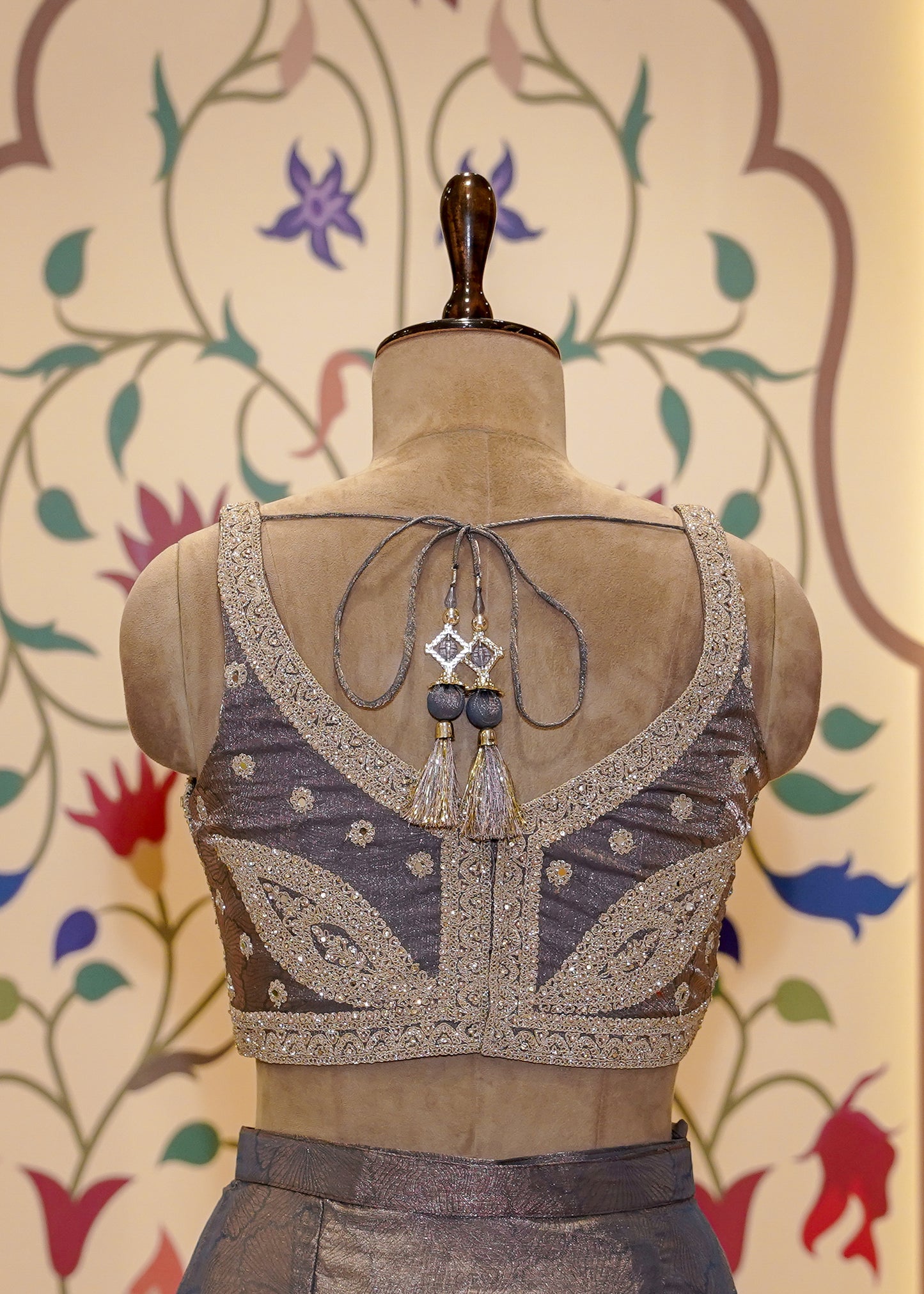 Dusty Grey Crush Tissue Drape Saree with Embroidered Blouse