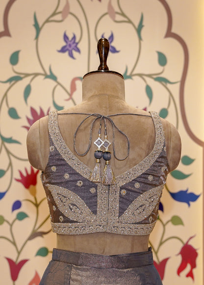Dusty Grey Crush Tissue Drape Saree with Embroidered Blouse