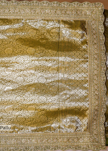 Mehendi Green Silk Bead Embroidered Border Saree with Unstitched Blouse
