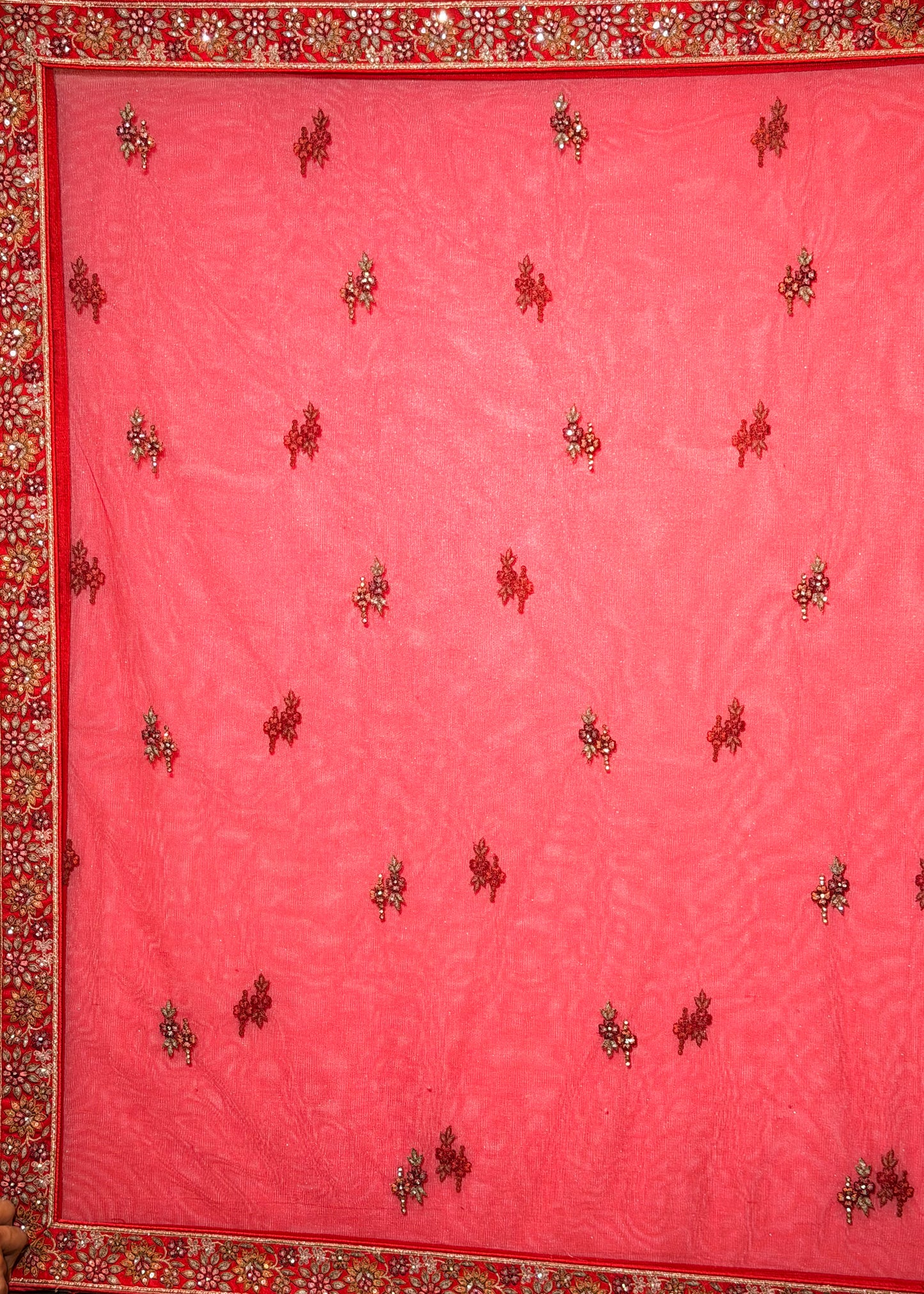 Red Bead Embroidered Mehrab Style Bridal Lehenga with Stitched Blouse & 2 Dupattas