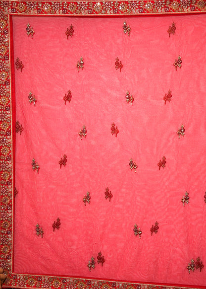 Red Bead Embroidered Mehrab Style Bridal Lehenga with Stitched Blouse & 2 Dupattas