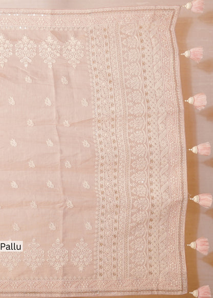 Pink Mul Cotton Thread Embroidered Saree with Unstitched Blouse