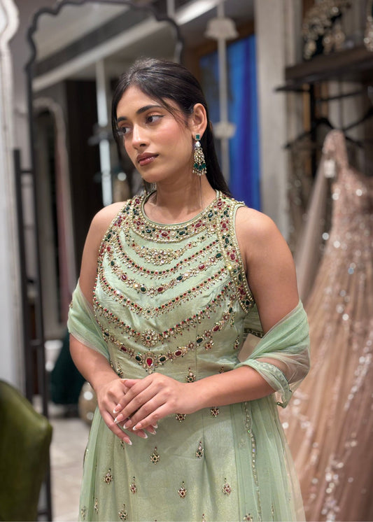 Indriya Green Gemstones Brocade Sharara Pants Set with Dupatta
