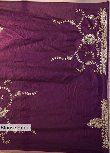 Lavender Hand Embroidered Gota Pati Saree with Unstitched Wine Blouse