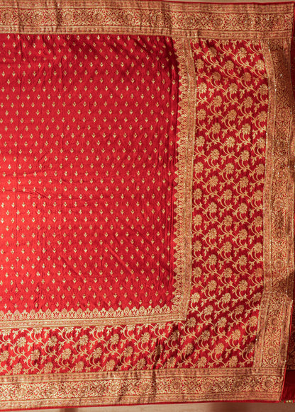 Ruhani Mehroon Booti Embroidered Dola Silk Saree with Unstitched Blouse
