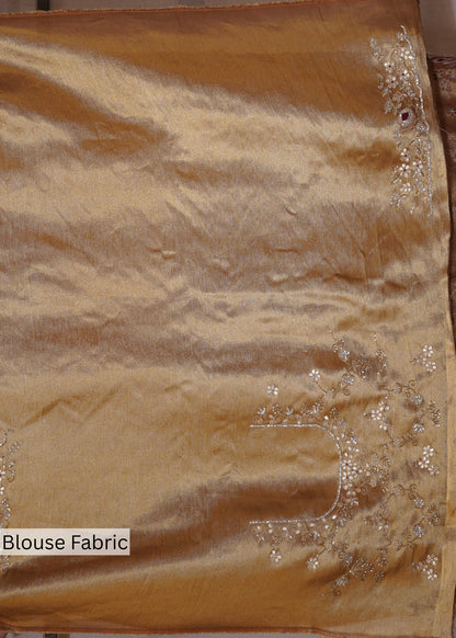 Golden Tissue Hand Embroidered Saree with Unstitched Blouse