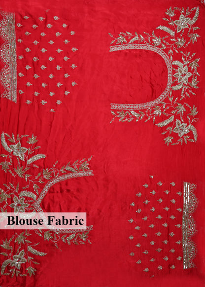 Gulzaar Red Zari & Mooti Heavy Scallop Border Saree with Unstitched Blouse