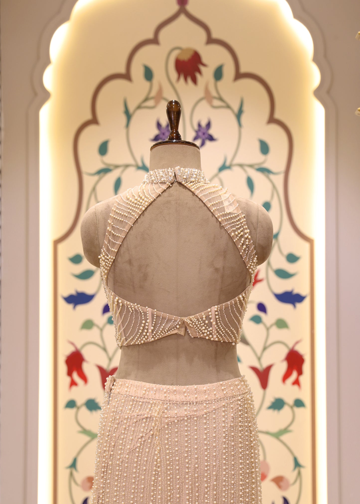 Suzain Ivory Cream Pearl Halter Neck Blouse with Pre Draped Saree