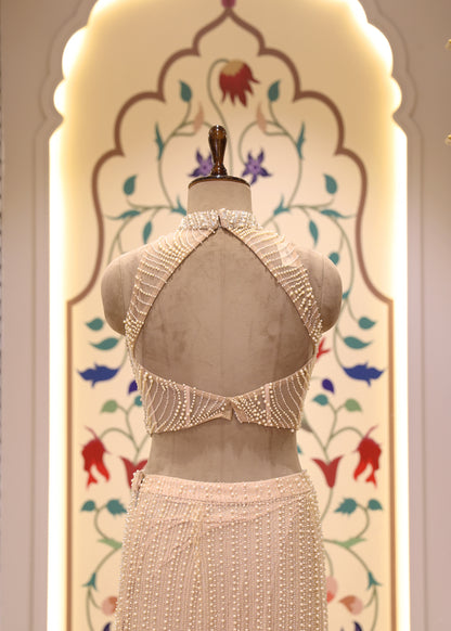 Suzain Ivory Cream Pearl Halter Neck Blouse with Pre Draped Saree