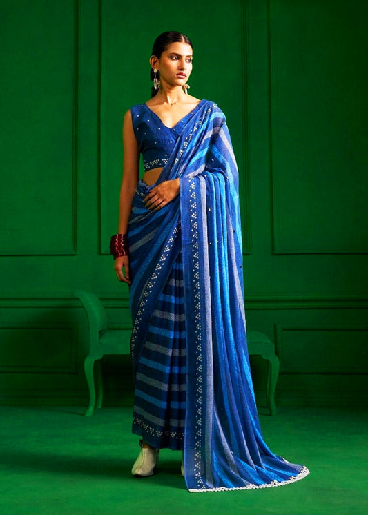Aditee Navy Blue Cotton Saree with Unstitched Blouse
