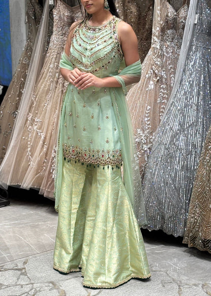 Indriya Green Gemstones Brocade Sharara Pants Set with Dupatta