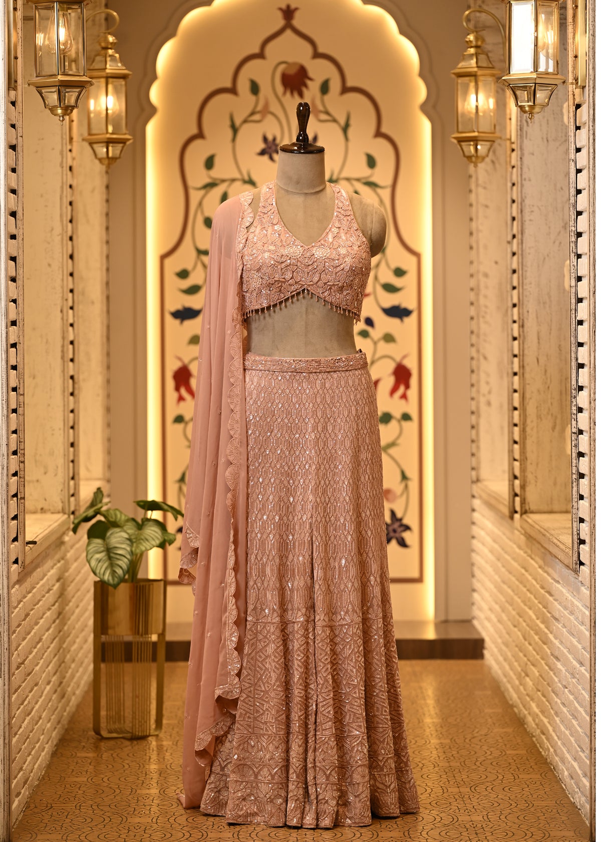 Ruhi Peach Halter Sharara Set with Dupatta