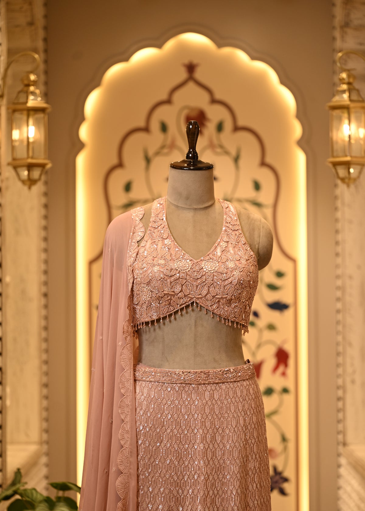 Ruhi Peach Halter Sharara Set with Dupatta