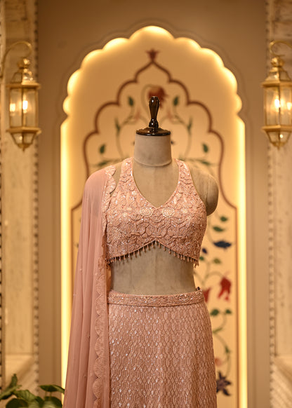 Ruhi Peach Halter Sharara Set with Dupatta
