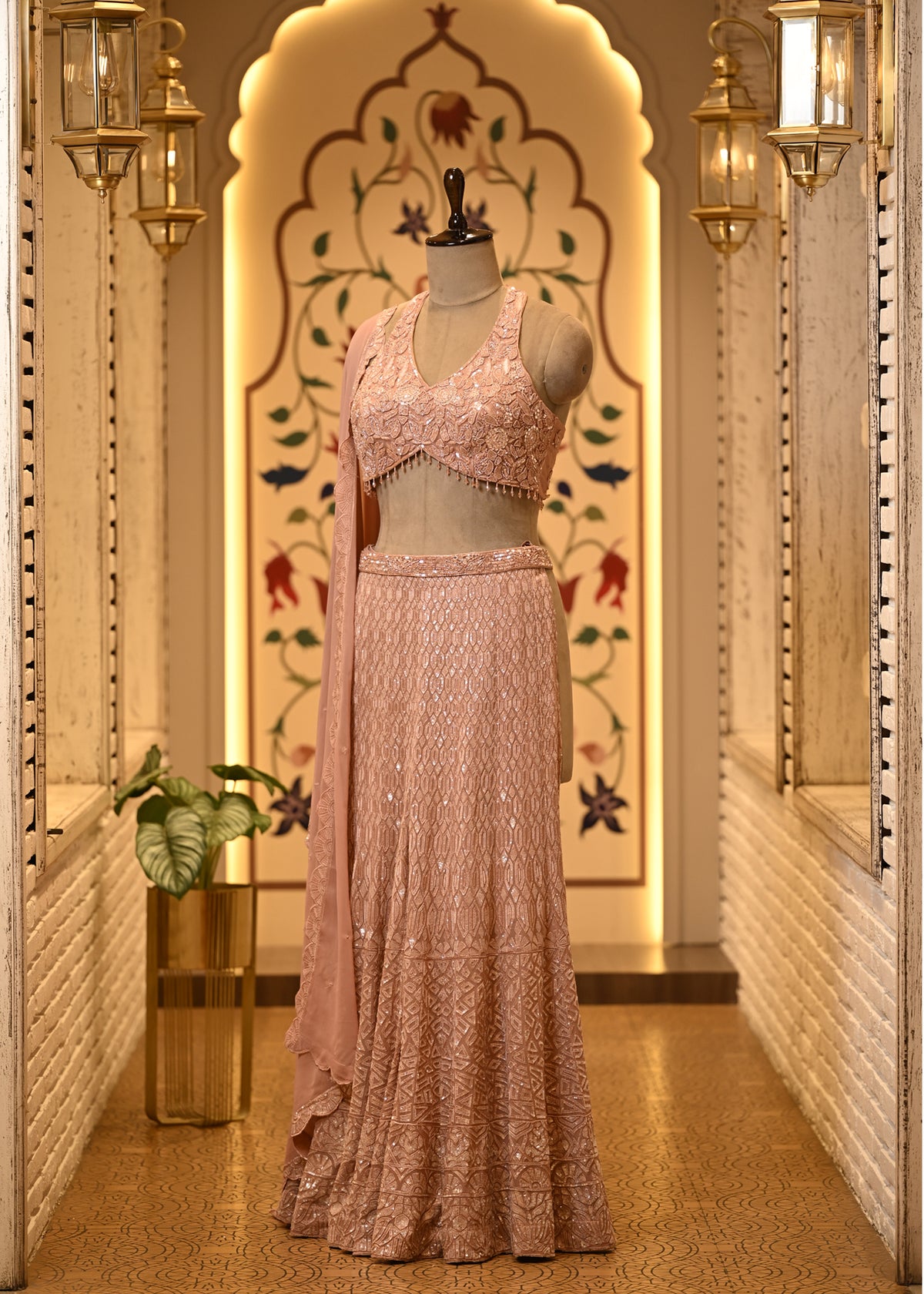 Ruhi Peach Halter Sharara Set with Dupatta